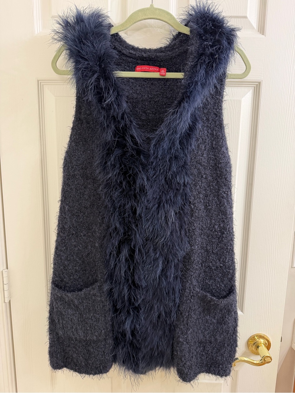 Saks Fifth Avenue Navy Faux-Fur Trim Sleeveless  and Hooded Vest Size S